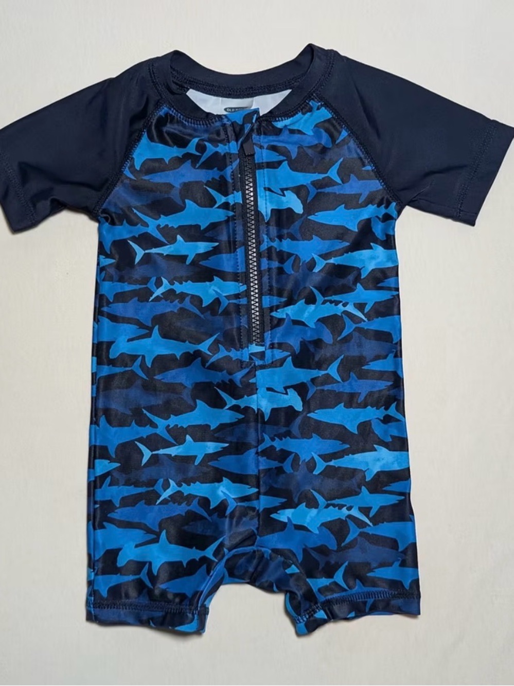 Old Navy Navy and Blue Shark-Print Short-Sleeve Rashguard